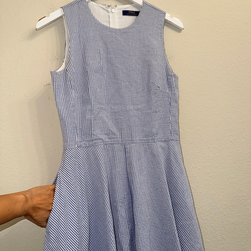 Polo Ralph Lauren Fit Flare Seersucker Dress Womens 2 Blue White Striped Coastal - Picture 3 of 12